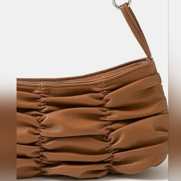 Fame Segmented Pleated Faux Leather Hand Bag Brown Ruched Shoulder Bag - Picture 2 of 5